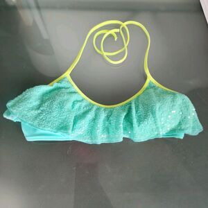 Victoria's Secret Beach Sexy Aqua Flounce Halter Bikini Ruffle Sequin Top S EUC